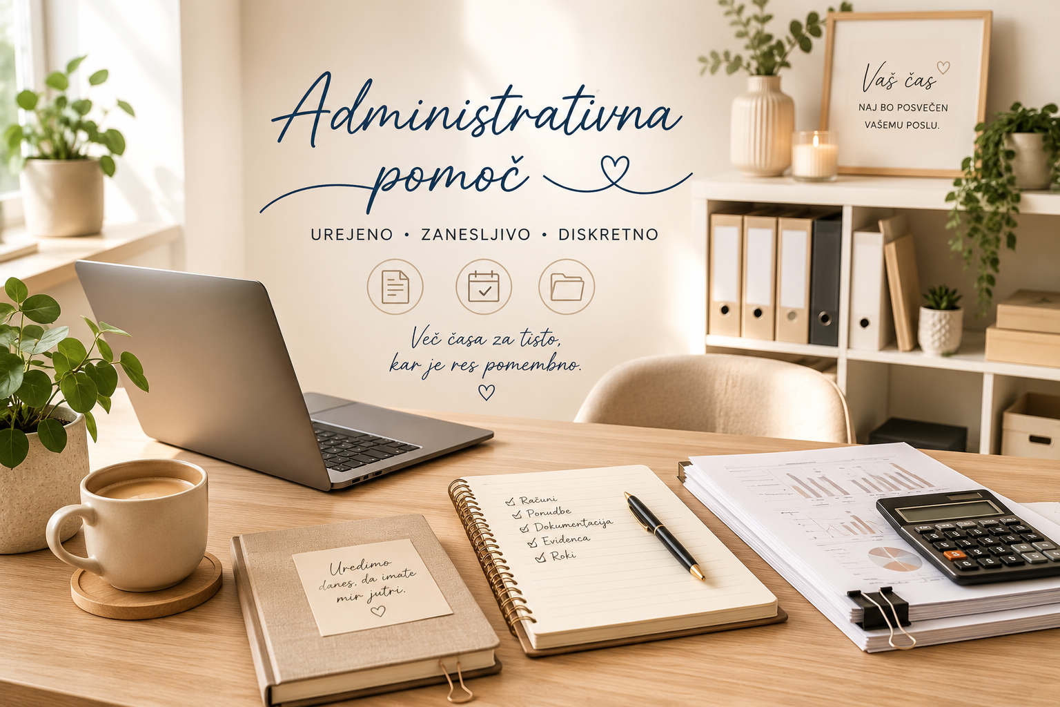 Topla in urejena pisarna z računalnikom, poslovno dokumentacijo in napisom Administrativna pomoč — urejeno, zanesljivo, diskretno.